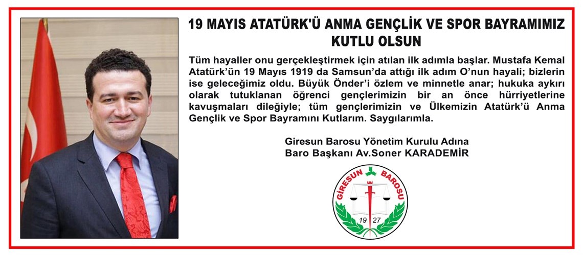 19 MAYIS ATATÜRK'Ü ANMA GENÇLİK VE SPOR BAYRAMIMIZ KUTLU OLSUN